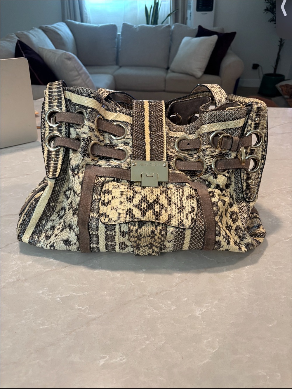 Jimmy Choo Snakeskin-Print Shoulder Bag in Brown and Cream - RARE FIND